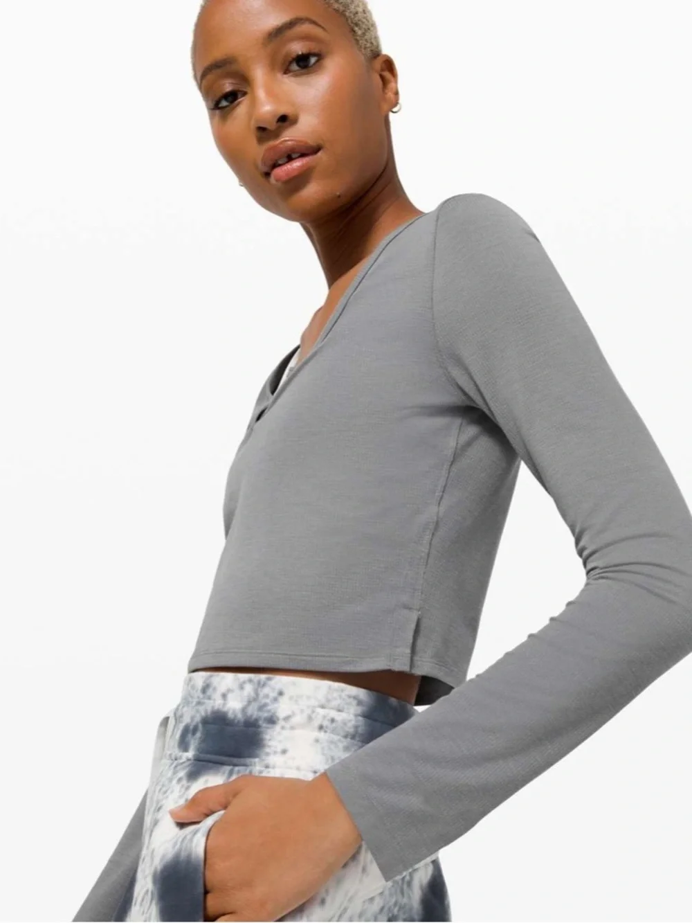 lululemon athletica Heathered Asphalt Grey Cropped Henley Long Sleeve